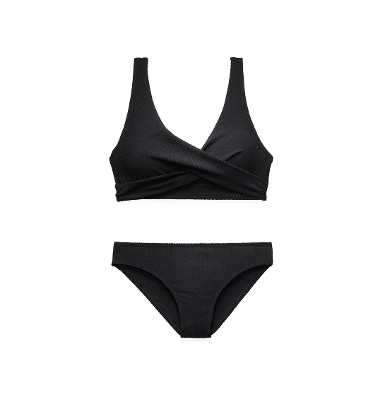 An animation of different colors and patterns of bikini tops matched with a one pair of black bikini bottoms, on a white background