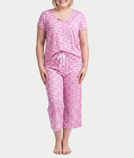 KN Cool Short Sleeve Henley Knit Cropped Pajama Set